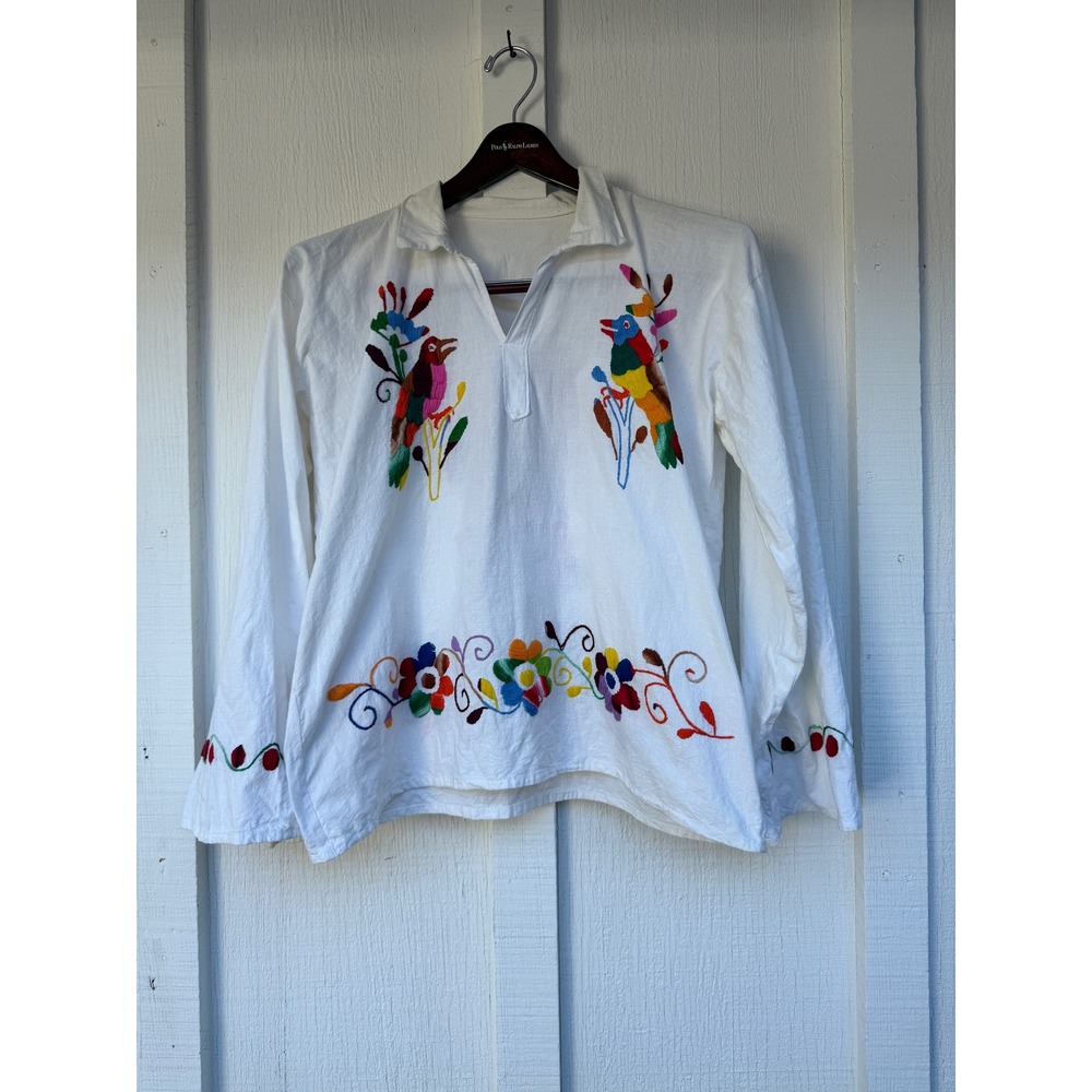Vintage Hand Embroidered Bird Floral White Cotton Tunic Blouse Boho Top